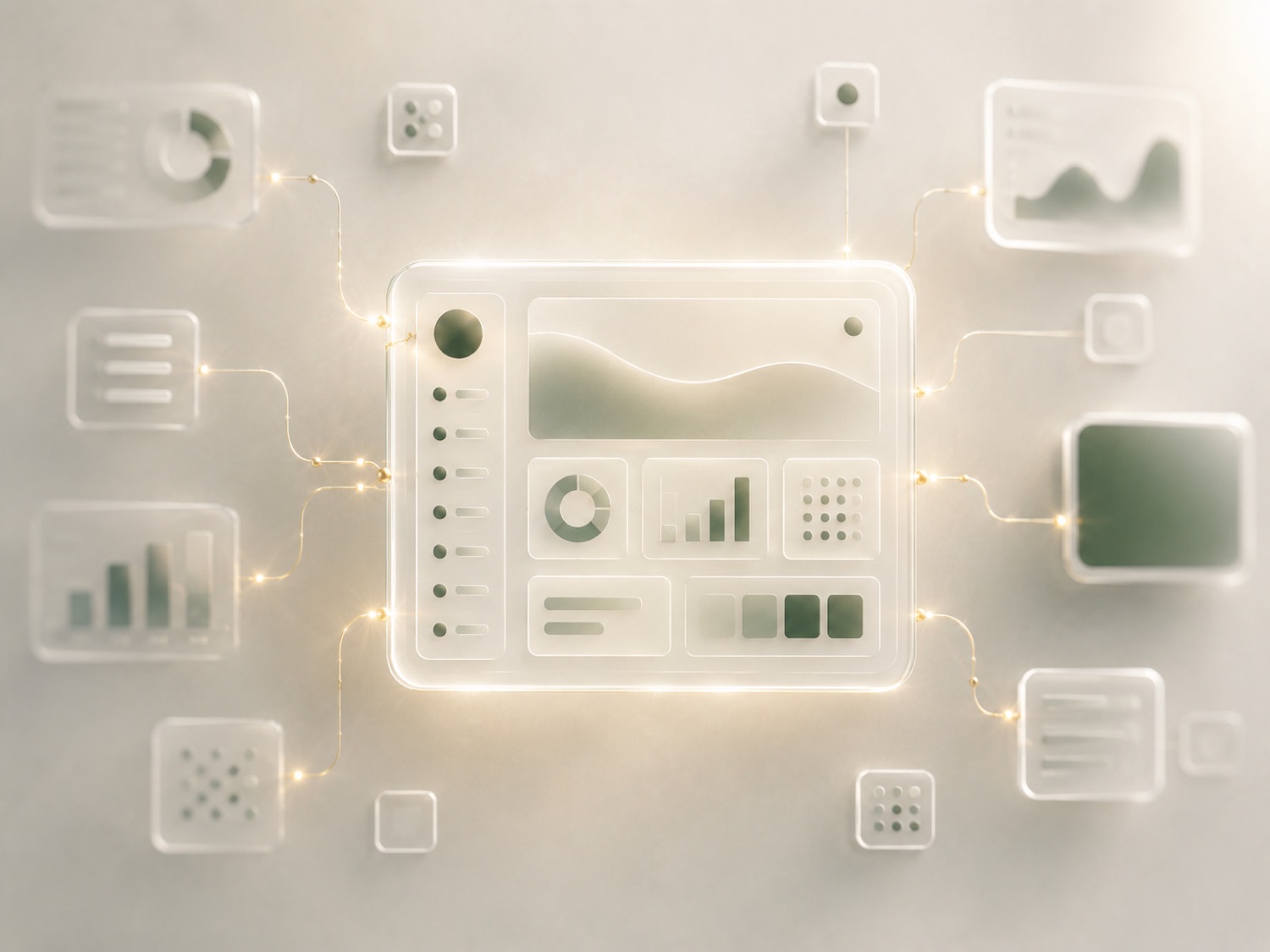 Abstract source-of-truth hub linked to connected floating panels