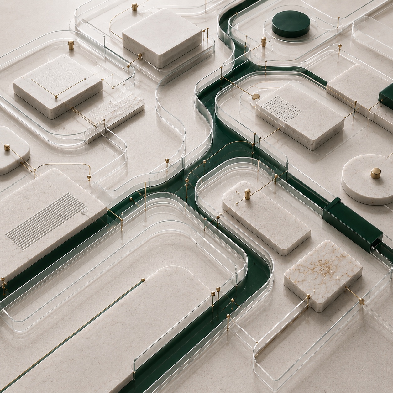 Isometric marble model of forest green channels and brass connectors routing between blocks — the real flow of work.